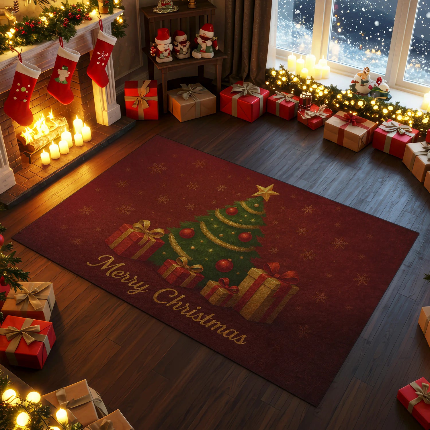 Christmas Tree Rug – Red Holiday Carpet with Gifts