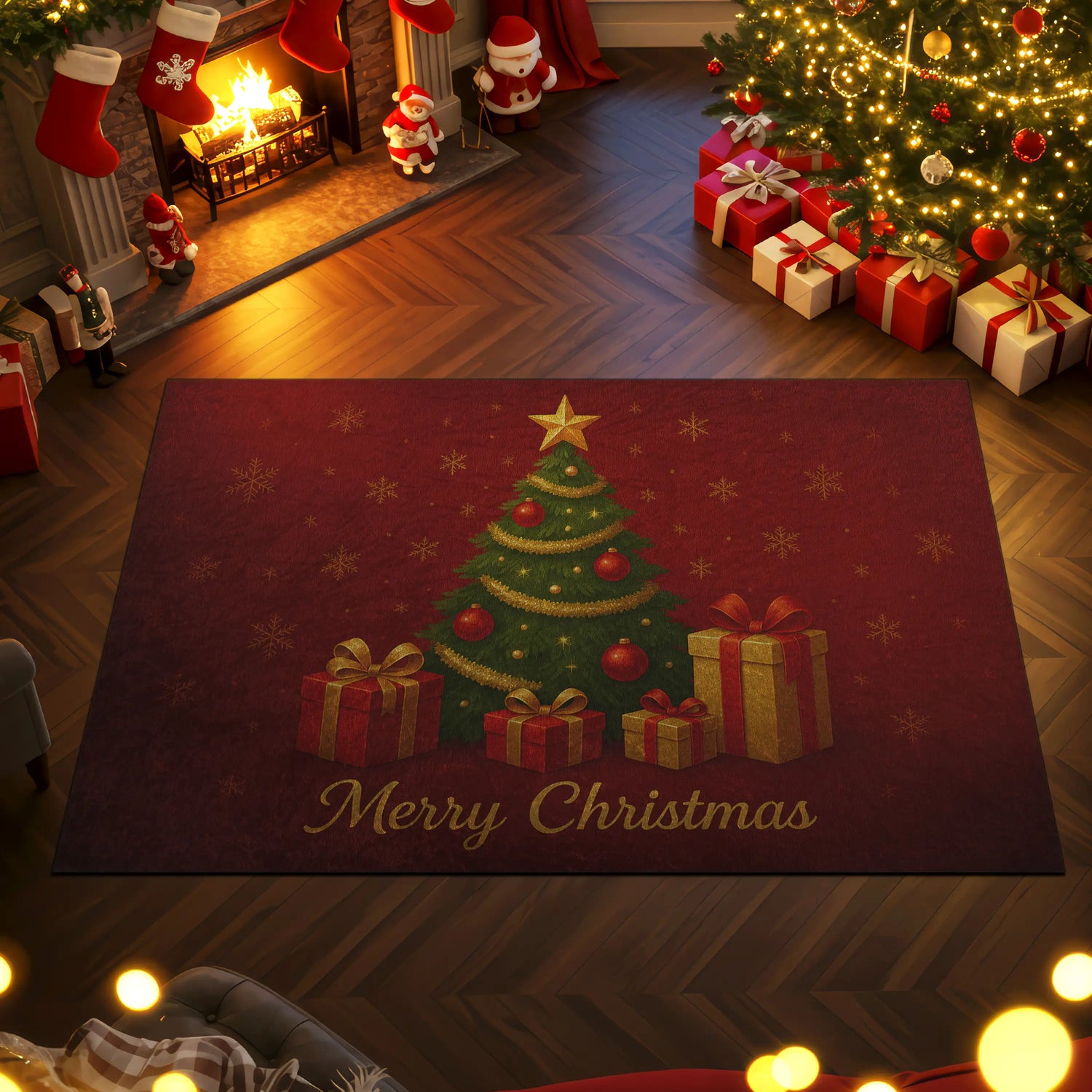 Christmas Tree Rug – Red Holiday Carpet with Gifts