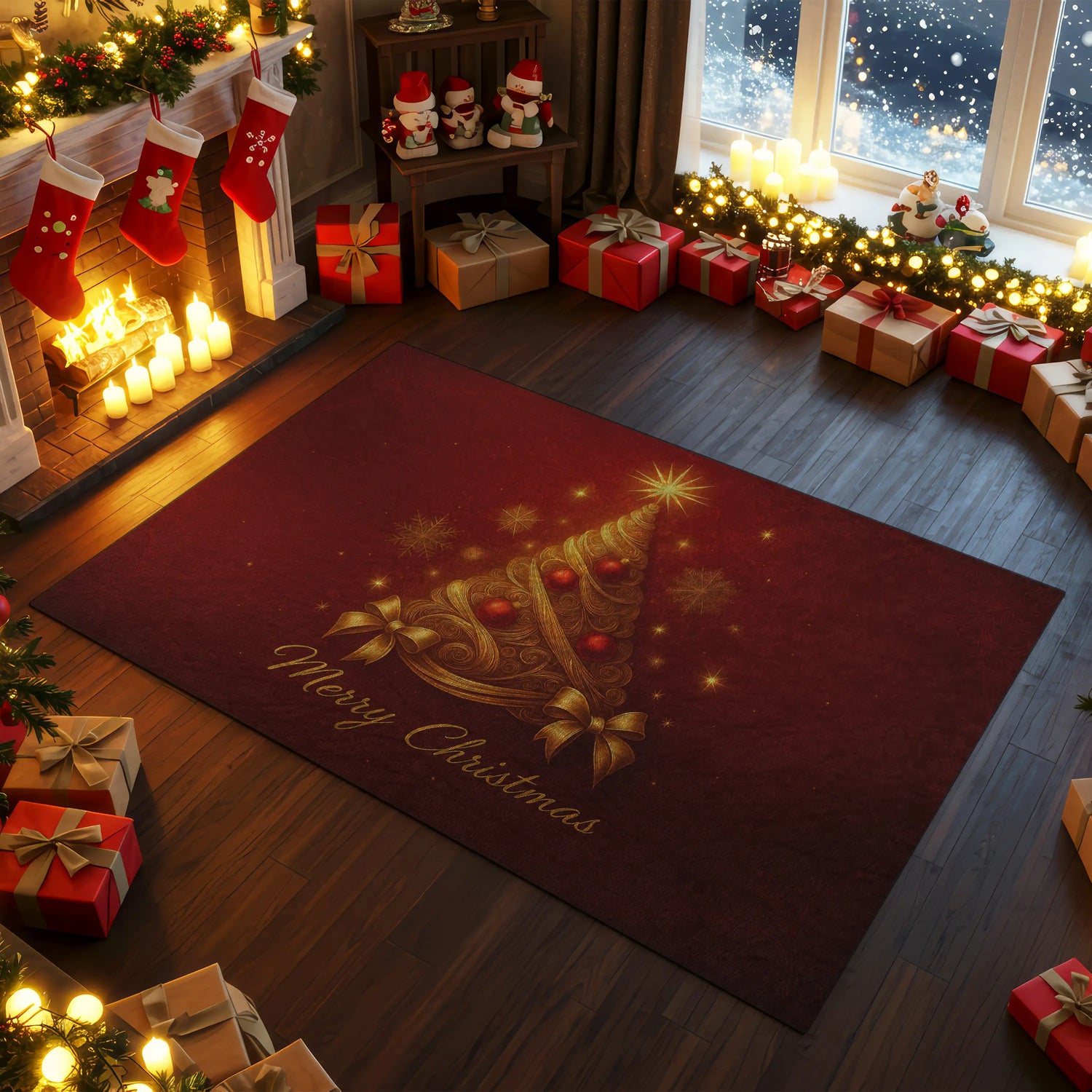 Golden Christmas Tree Rug – Red Elegant Holiday Décor