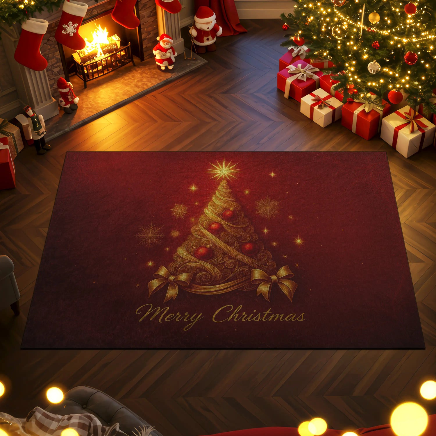 Golden Christmas Tree Rug – Red Elegant Holiday Décor