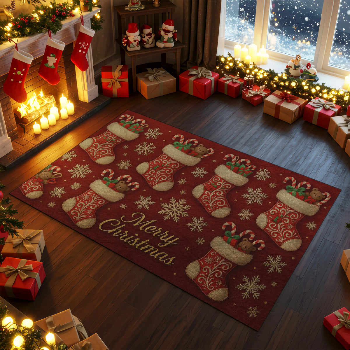 Christmas-themed room with a decorative rug, stockings, and presents.