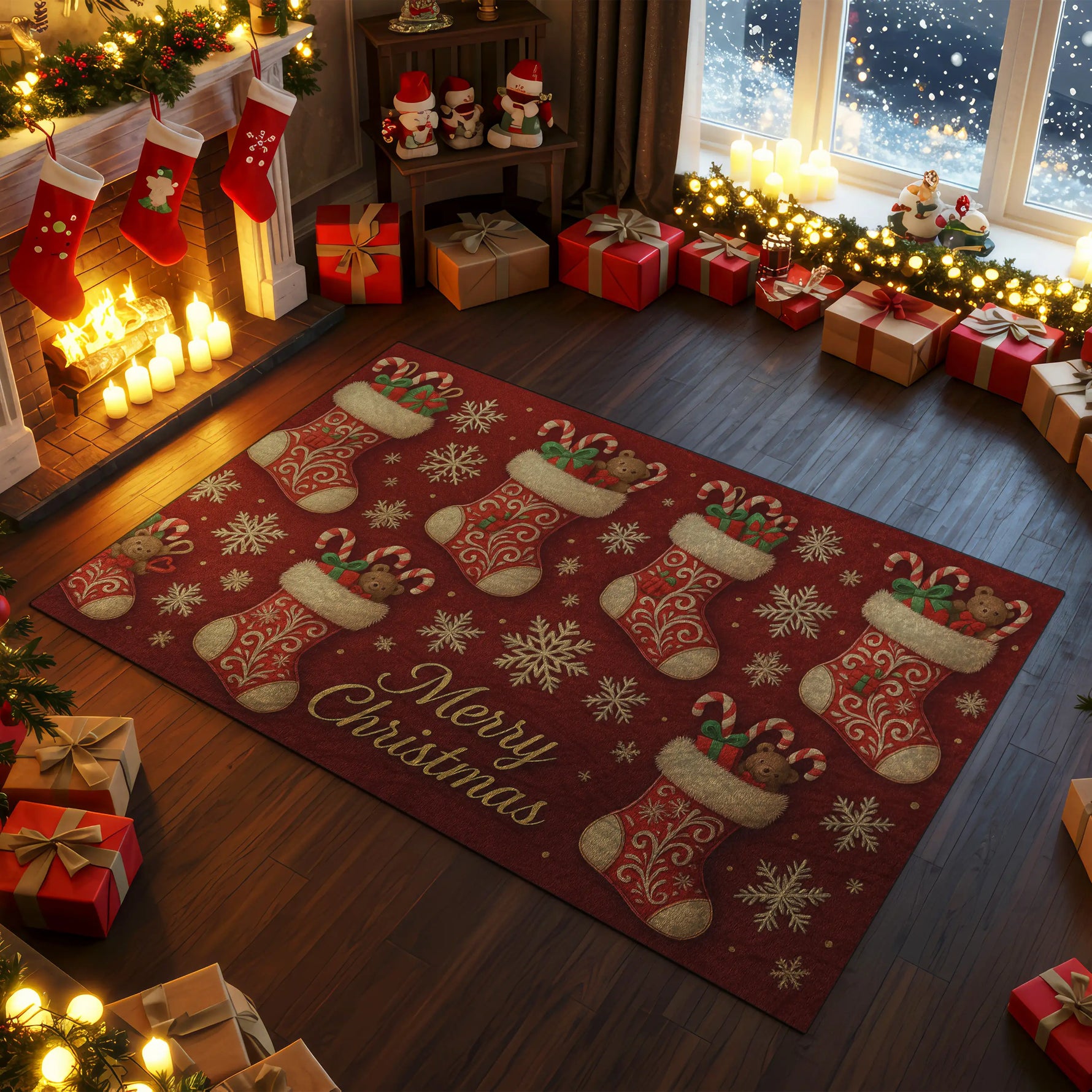 Christmas-themed room with a decorative rug, stockings, and presents.