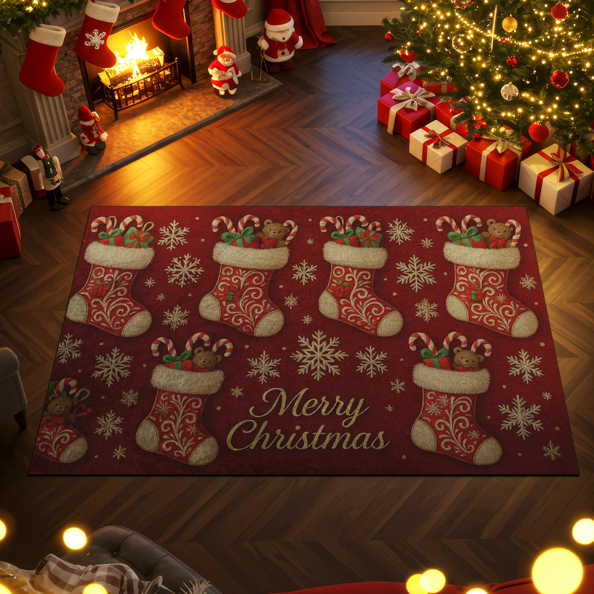 Decorative Christmas rug with stockings and snowflakes on a wooden floor, surrounded by festive decorations.