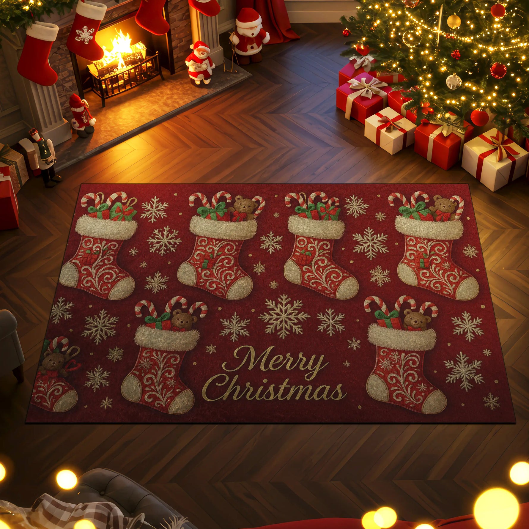 Decorative Christmas rug with stockings and snowflakes on a wooden floor, surrounded by festive decorations.