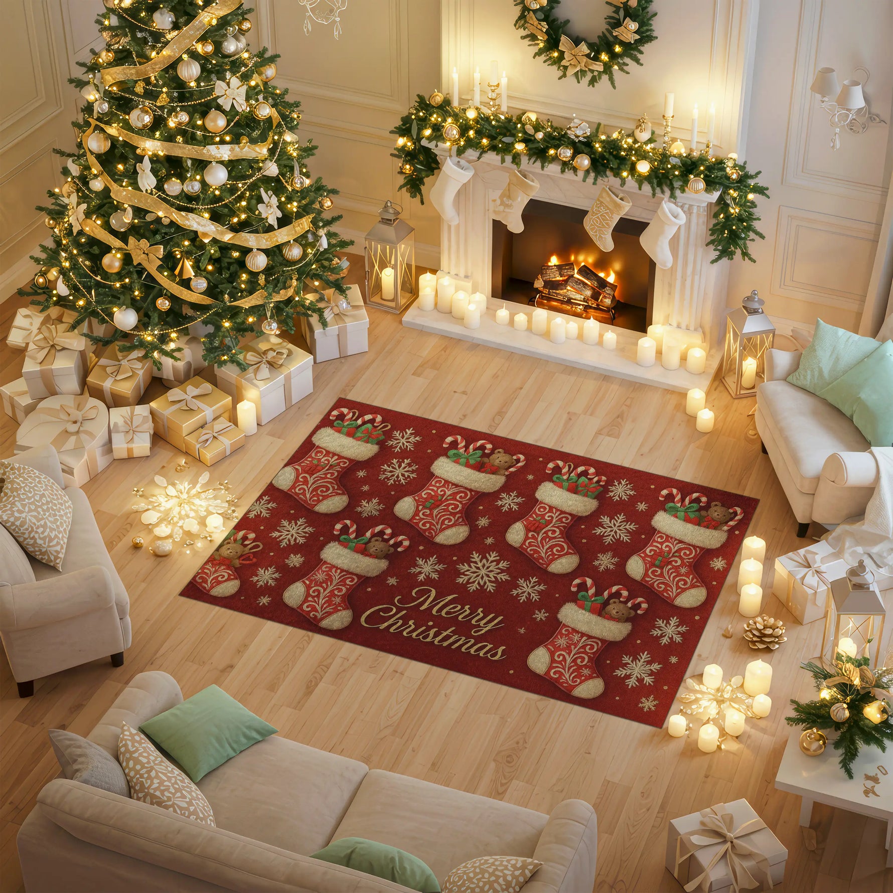 Decorated living room with Christmas tree, fireplace, and stockings on a red 'Merry Christmas' rug.