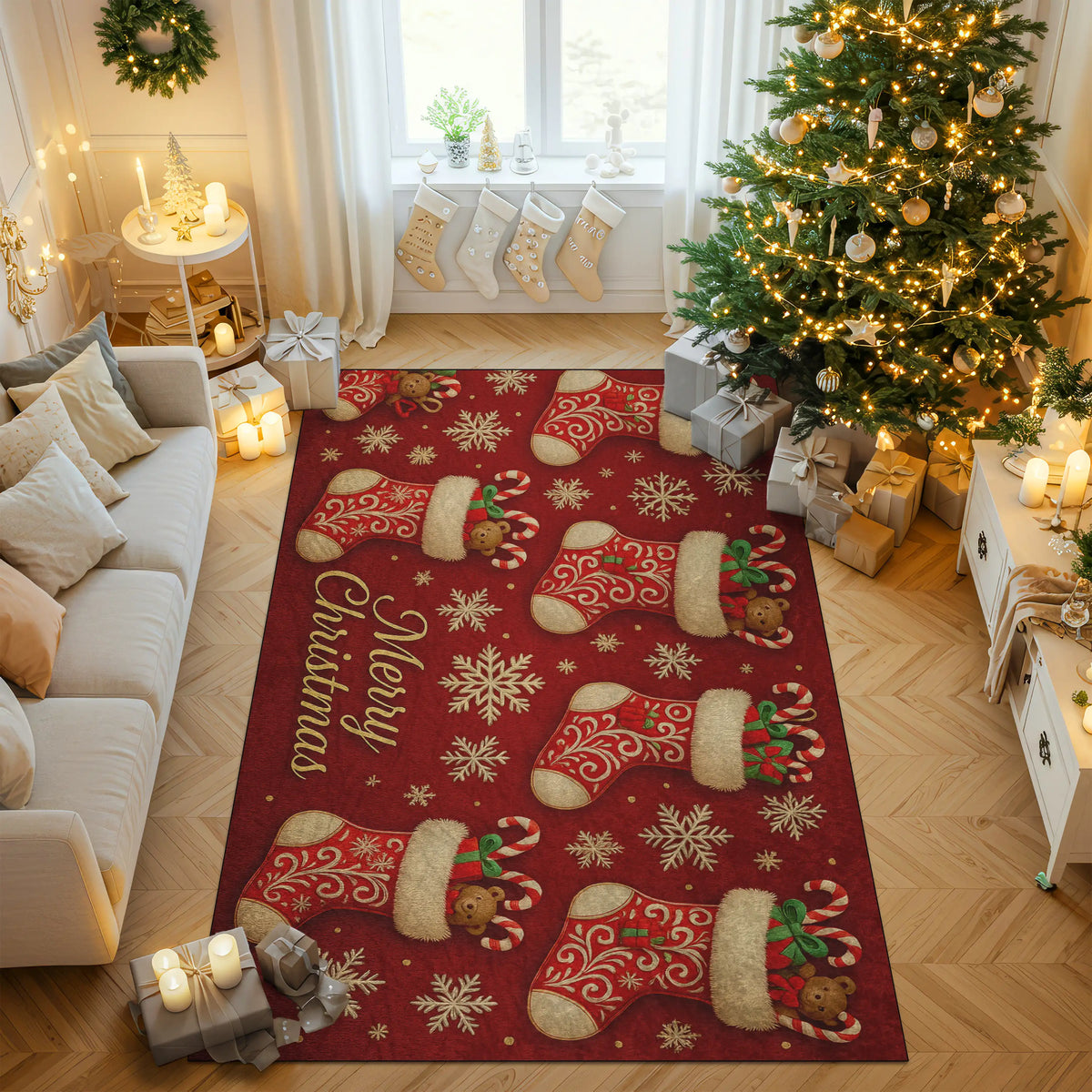 Living room decorated for Christmas with a red 'Merry Christmas' rug, tree, and presents.