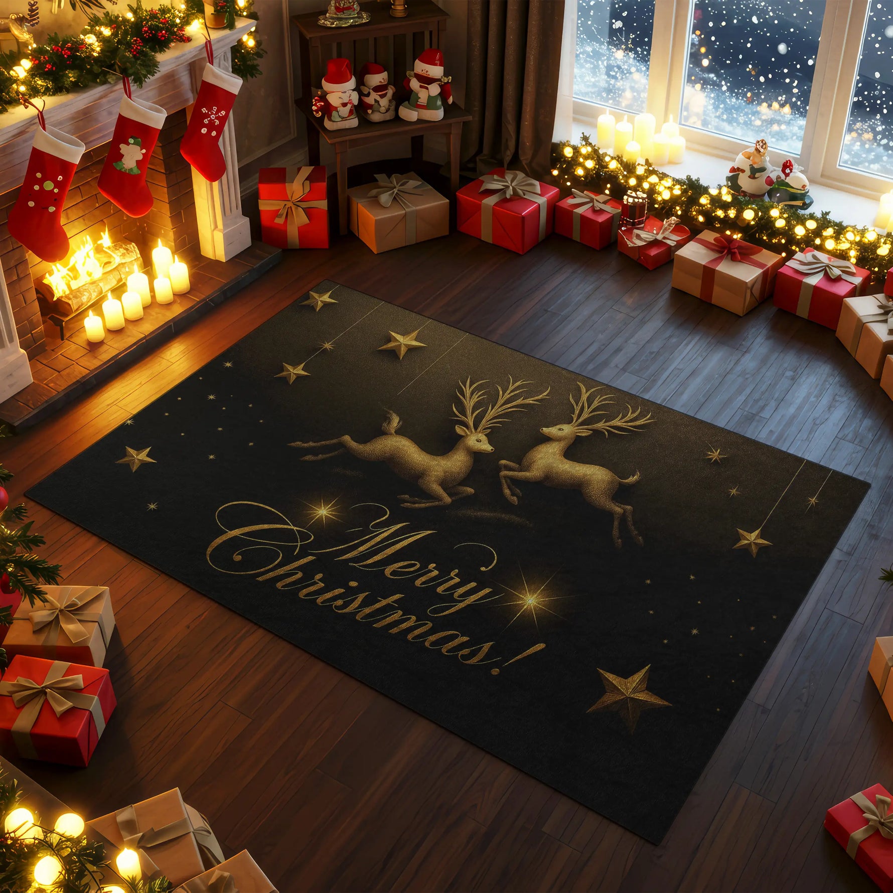 Decorated living room with Christmas decorations, including a rug with reindeer and 'Merry Christmas!' text.