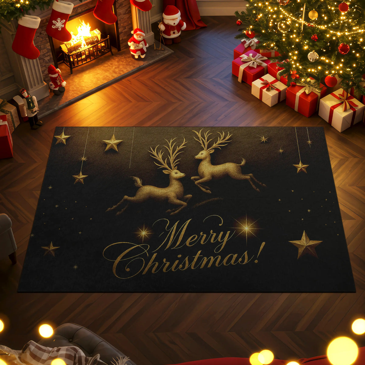 Decorative Christmas rug with reindeer and 'Merry Christmas!' text in a festive room with tree, presents, and stockings.