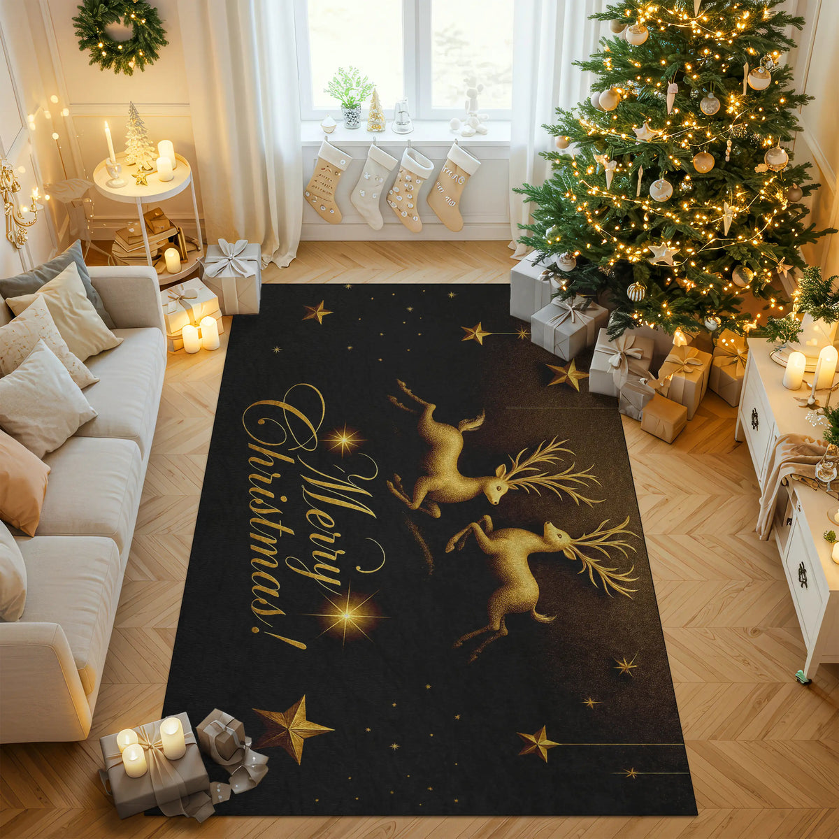 Decorative Christmas rug with reindeer and 'Merry Christmas!' text in a living room with a Christmas tree and presents.