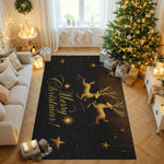 Decorative Christmas rug with reindeer and 'Merry Christmas!' text in a living room with a Christmas tree and presents.
