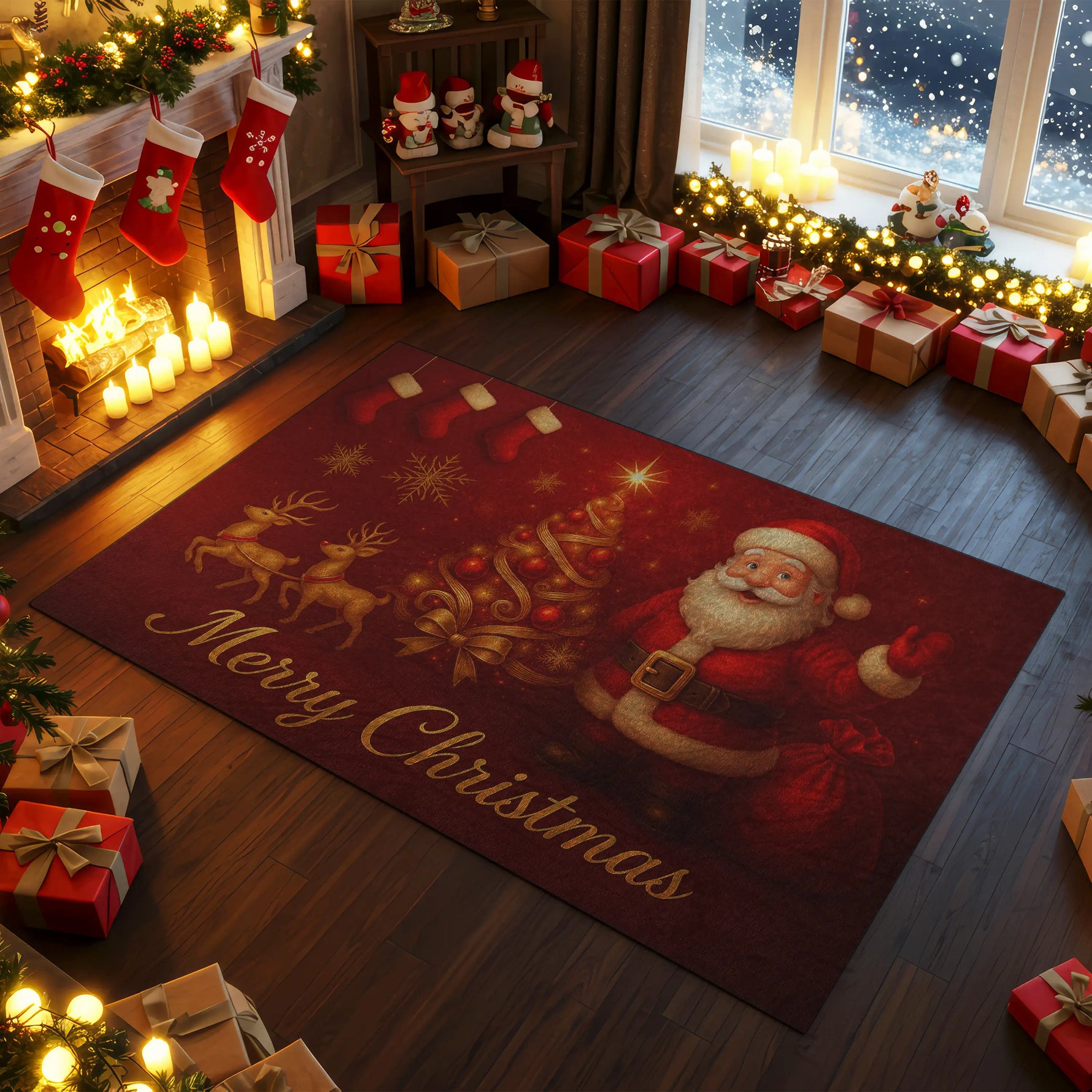 Decorative Christmas rug with Santa Claus design in a festive room.