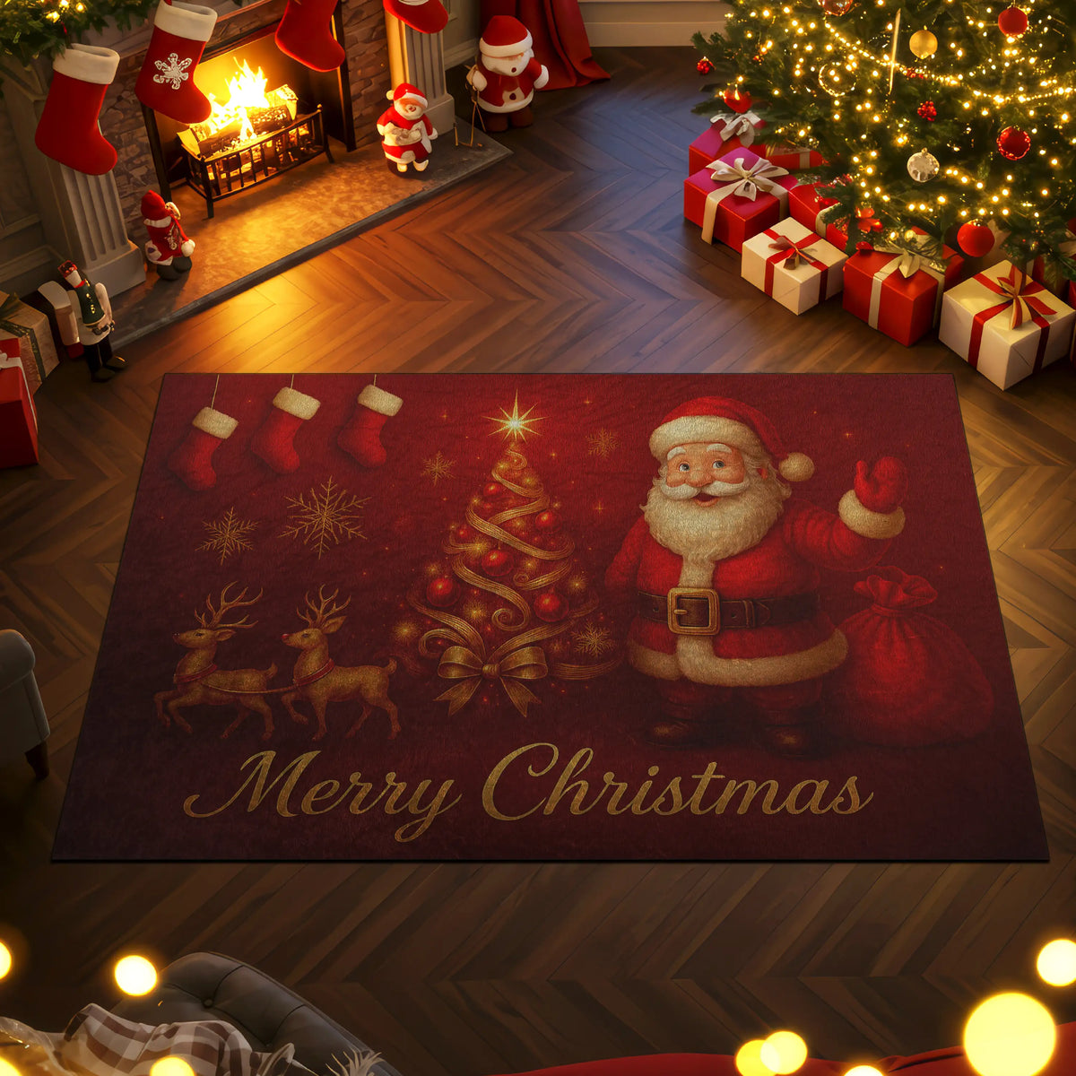 Christmas-themed rug with Santa Claus design in a festive room with tree and presents