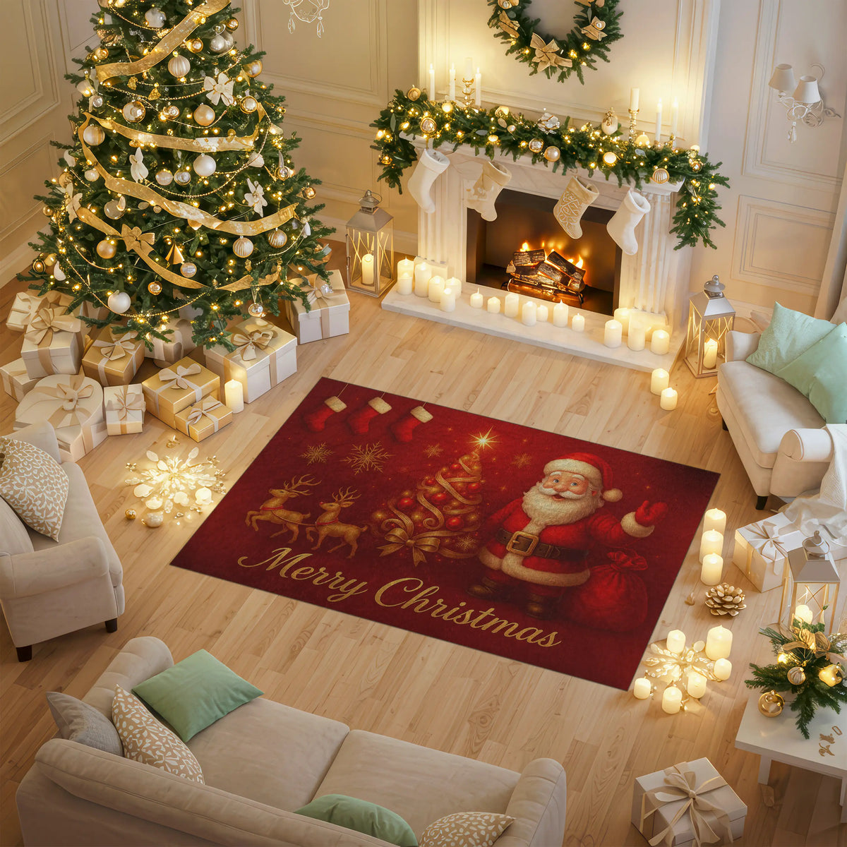 Decorated Christmas living room with tree, presents, and rug featuring Santa Claus.