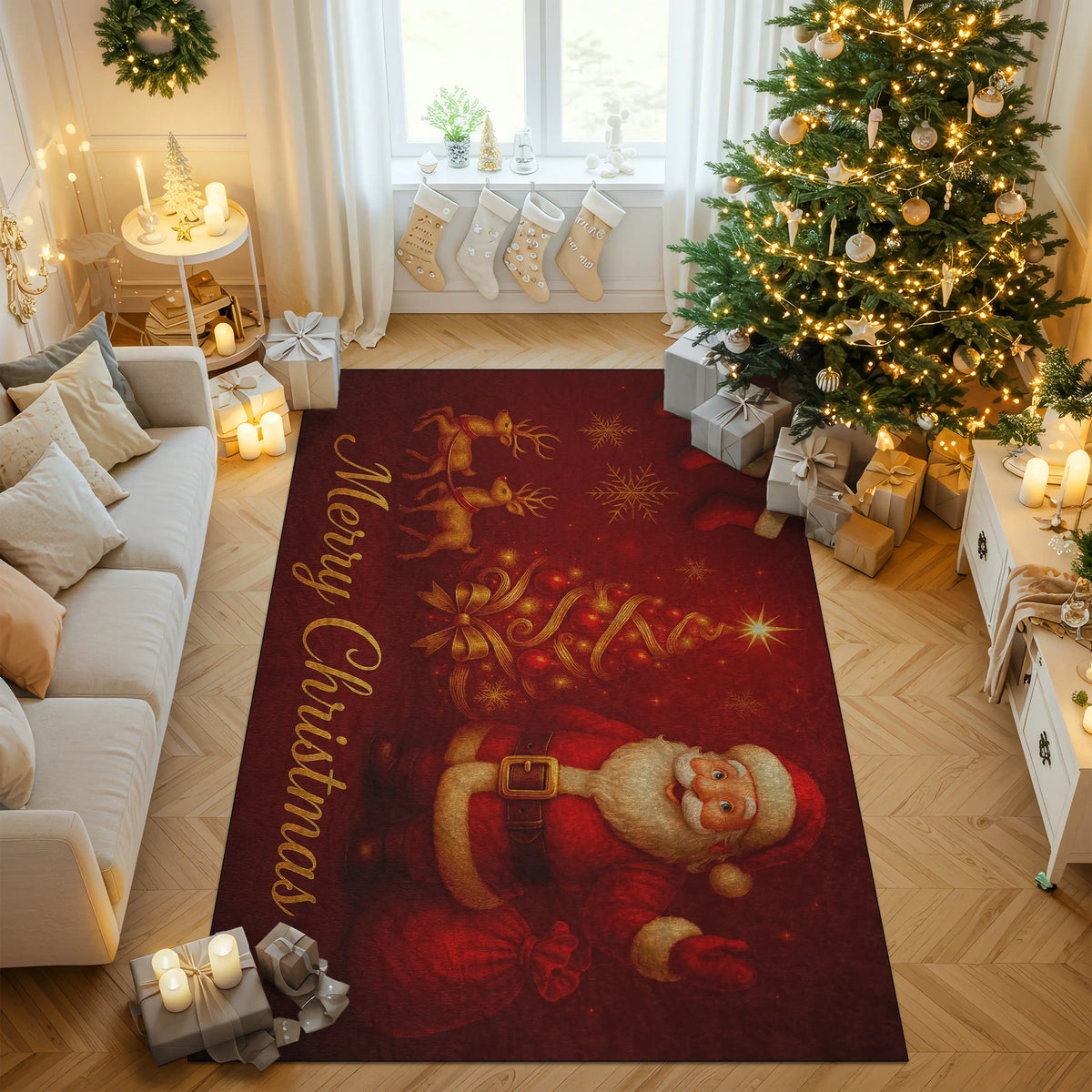 Decorative Christmas rug with Santa Claus design in a living room setting.
