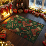 Decorative Christmas rug with candy canes and snowflakes in a festive room with stockings and presents.