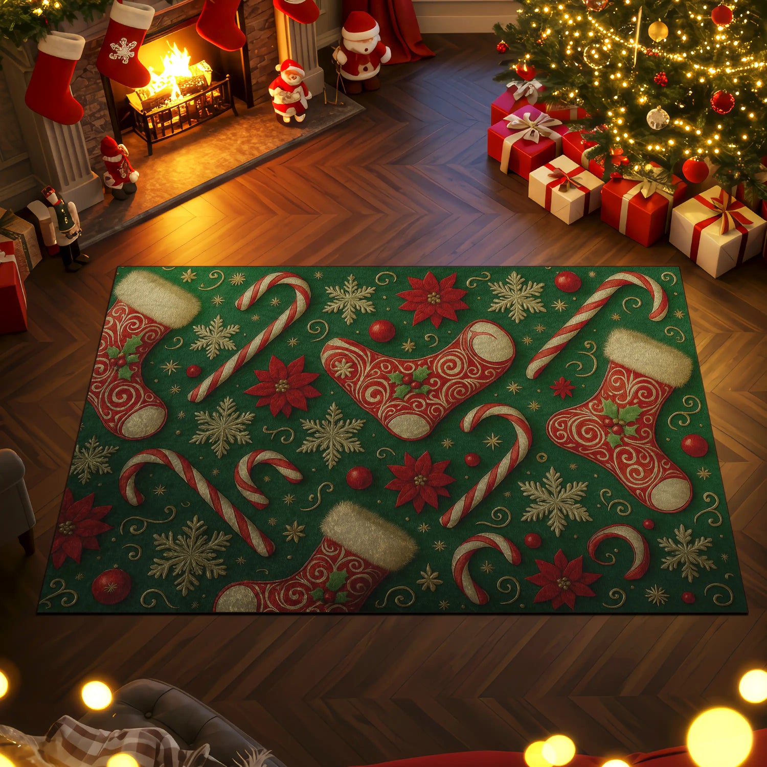 Decorative Christmas rug with festive patterns in a cozy living room setting.