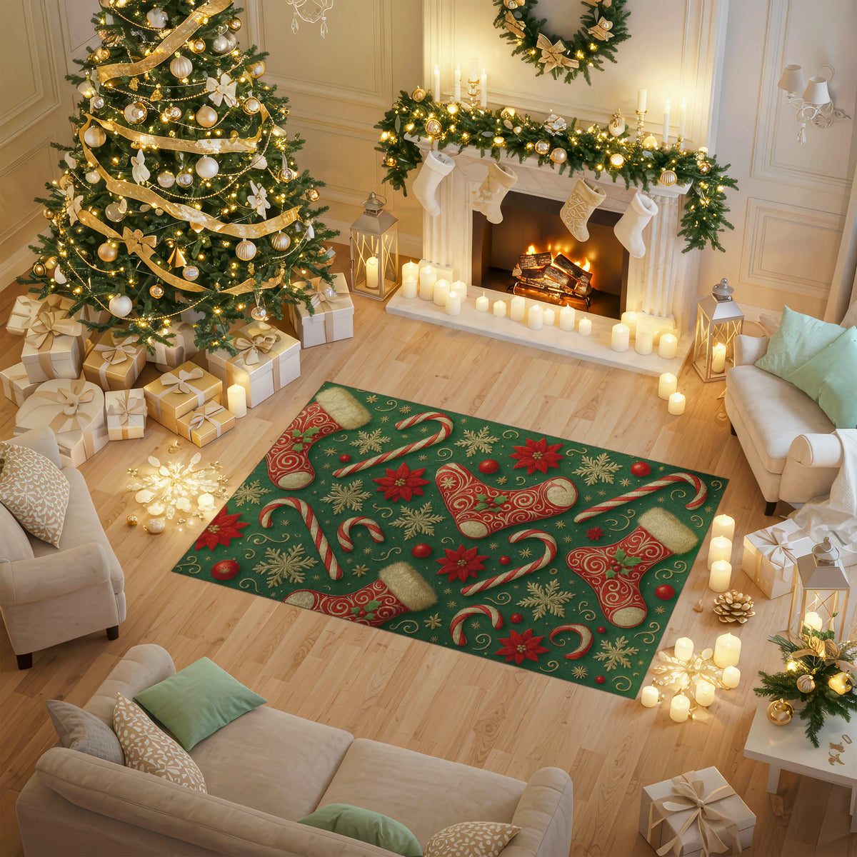 Decorated living room with Christmas tree, fireplace, and festive rug.