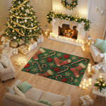 Decorated living room with Christmas tree, fireplace, and festive rug.