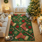 Living room with a Christmas-themed rug, tree, and decorations.