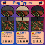 Illustration of rug types with Chenille, Rubber, and Cotton materials on a colorful background.