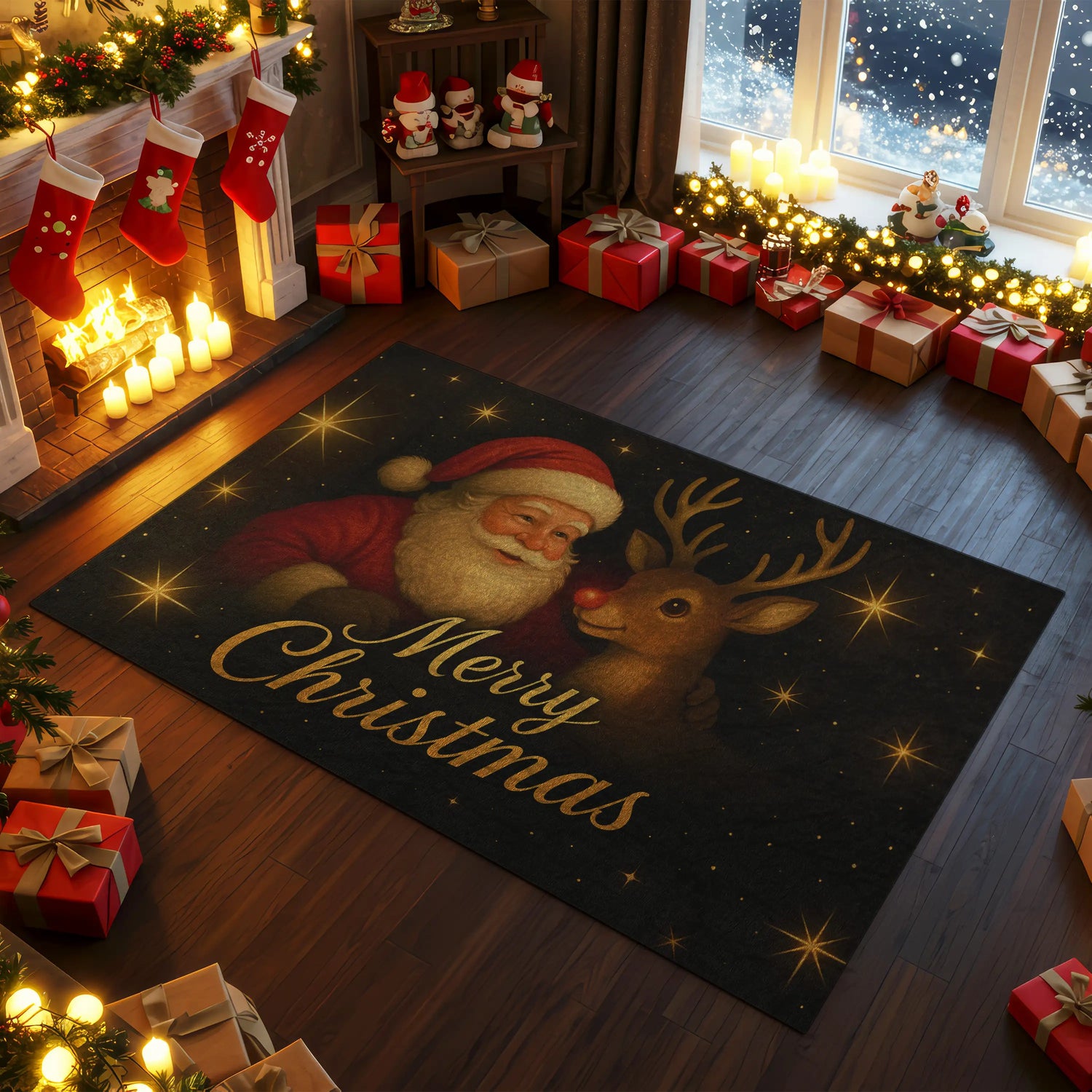 Santa & Reindeer Christmas Rug – Festive Holiday Carpet