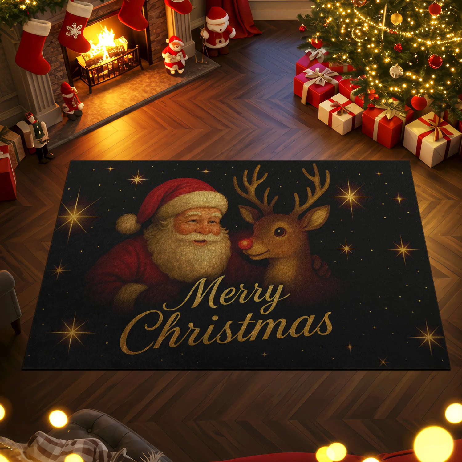 Santa & Reindeer Christmas Rug – Festive Holiday Carpet