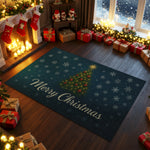 Decorative Christmas rug with a Christmas tree design and 'Merry Christmas' text in a festively decorated room.