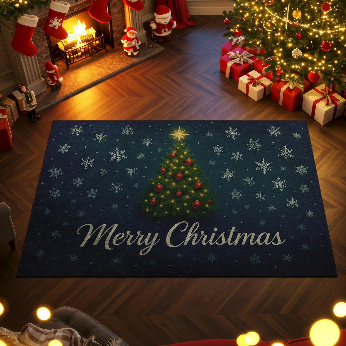 Decorative Christmas rug with a tree and 'Merry Christmas' text in a festive room.