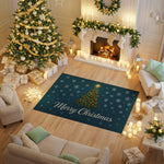 Decorative Christmas rug with festive design in a living room setting.