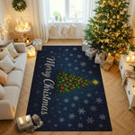 Decorative Christmas rug with a Christmas tree design and 'Merry Christmas' text in a living room setting.