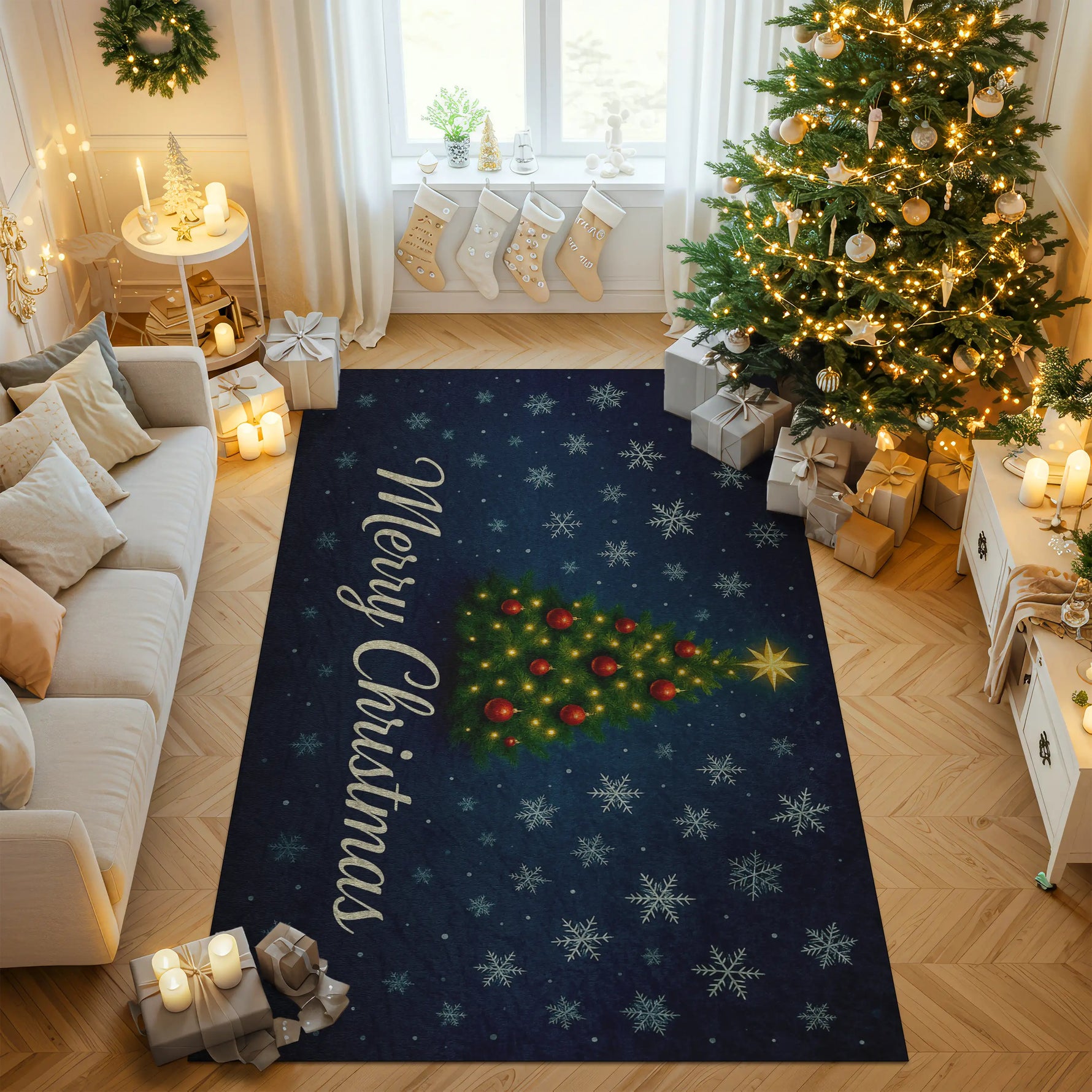 Decorative Christmas rug with a Christmas tree design and 'Merry Christmas' text in a living room setting.