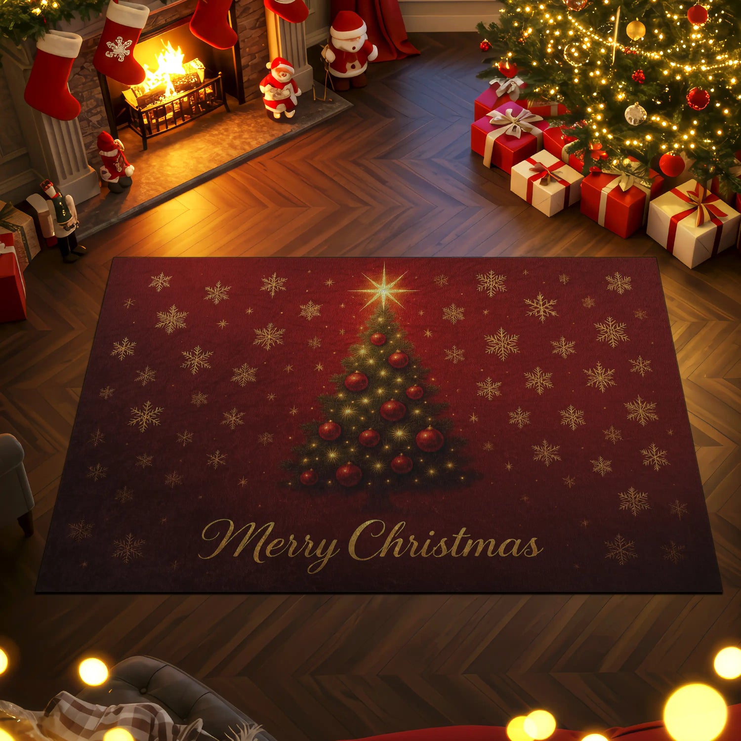 Decorative Christmas rug with a tree design and 'Merry Christmas' text, placed in a festive room with a tree and stockings.