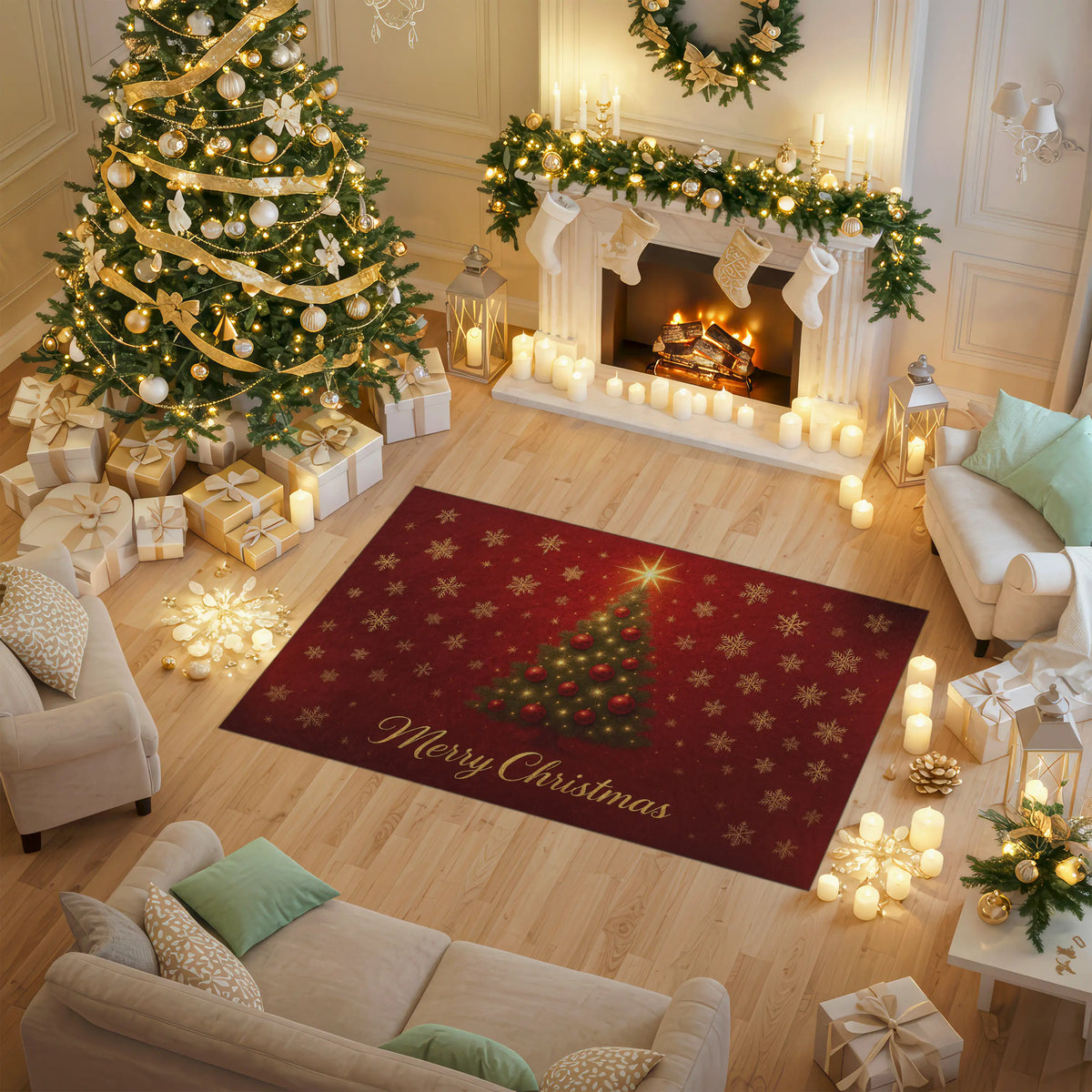 Decorated Christmas living room with tree, presents, and rug.