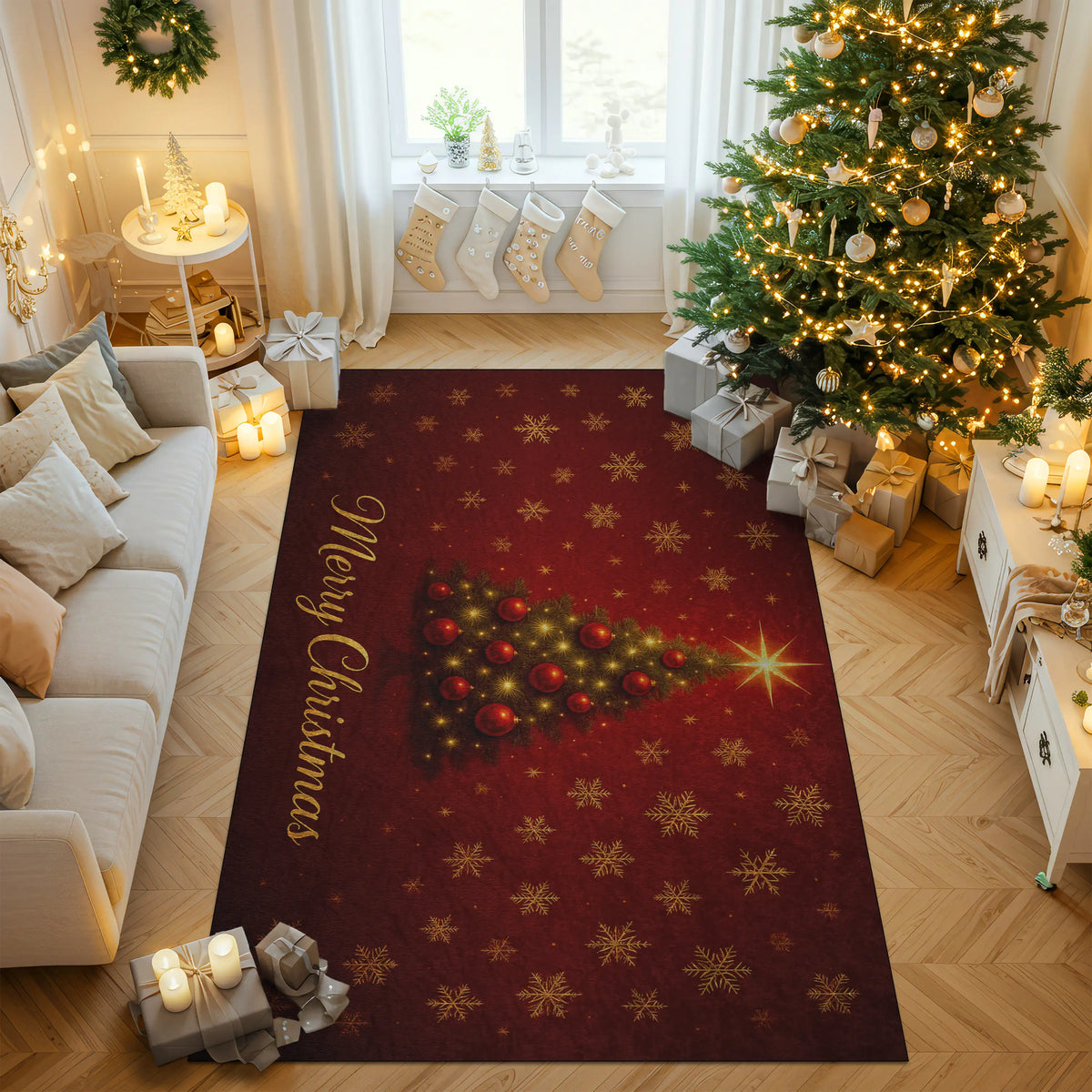 Living room decorated for Christmas with a tree, presents, and a red 'Merry Christmas' rug.