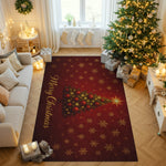 Living room decorated for Christmas with a tree, presents, and a red 'Merry Christmas' rug.