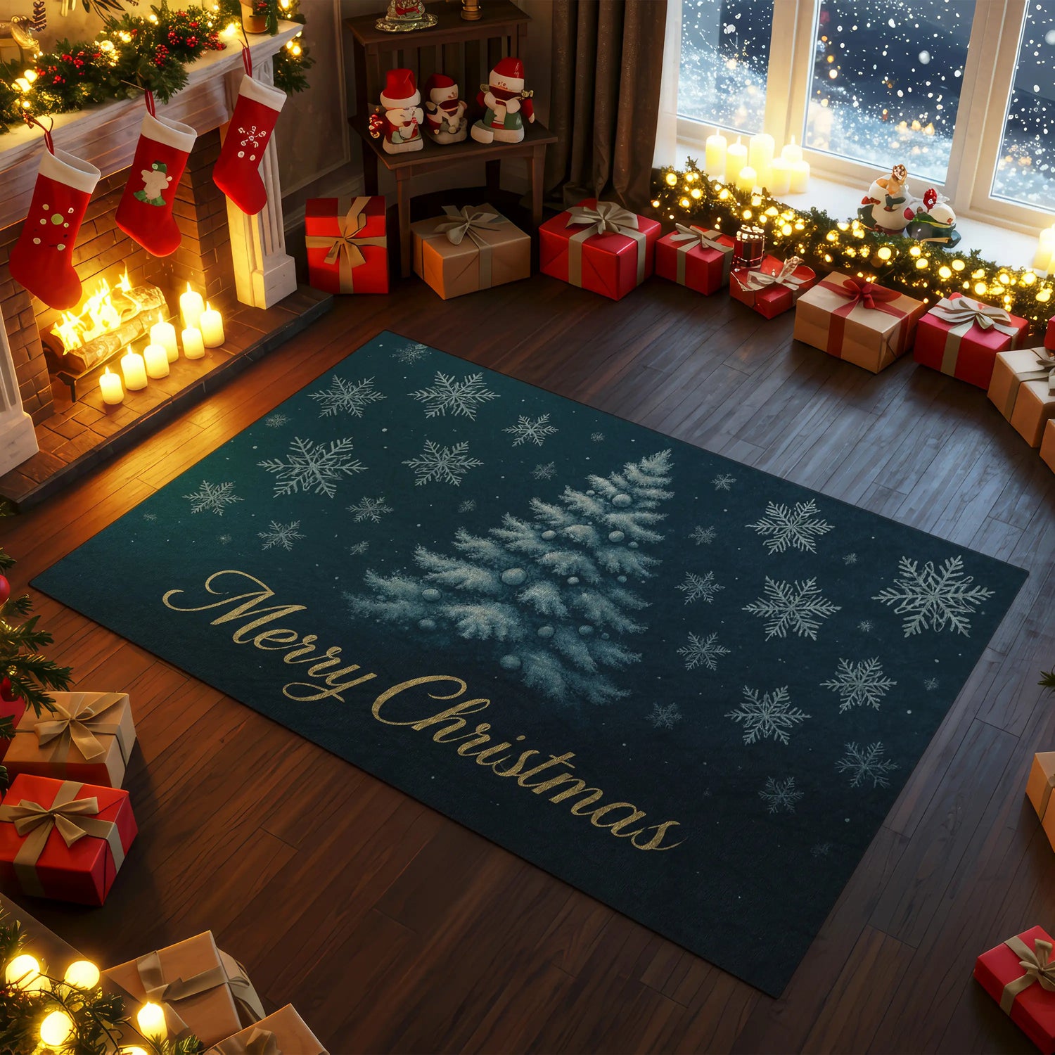 Blue Snow Christmas Tree Rug – Winter Holiday Carpet
