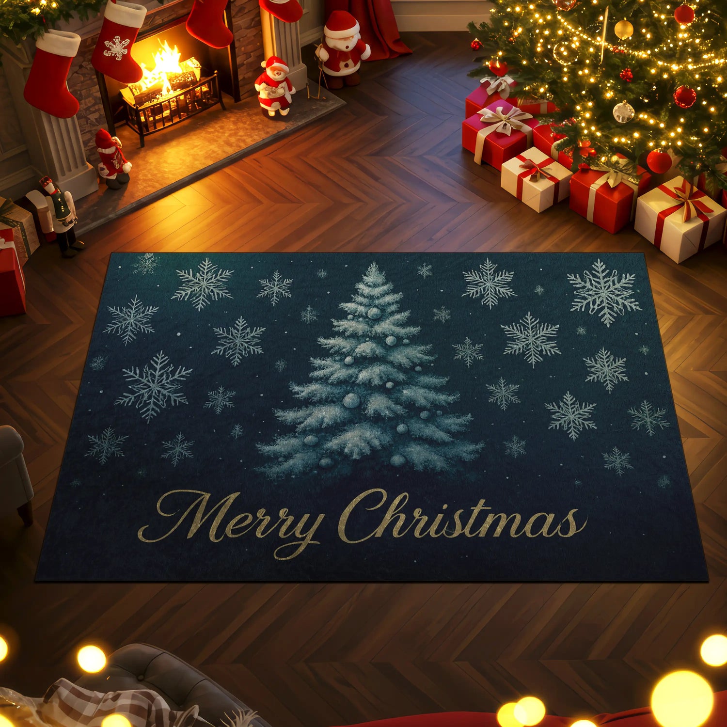 Blue Snow Christmas Tree Rug – Winter Holiday Carpet