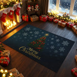 Blue Christmas rug with red ribbon tree and snowflakes