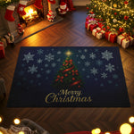 Christmas-themed rug with a Christmas tree design and 'Merry Christmas' text, placed in a festive room with decorations.