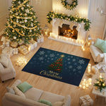 Decorative Christmas rug with a Christmas tree design in a festively decorated living room.