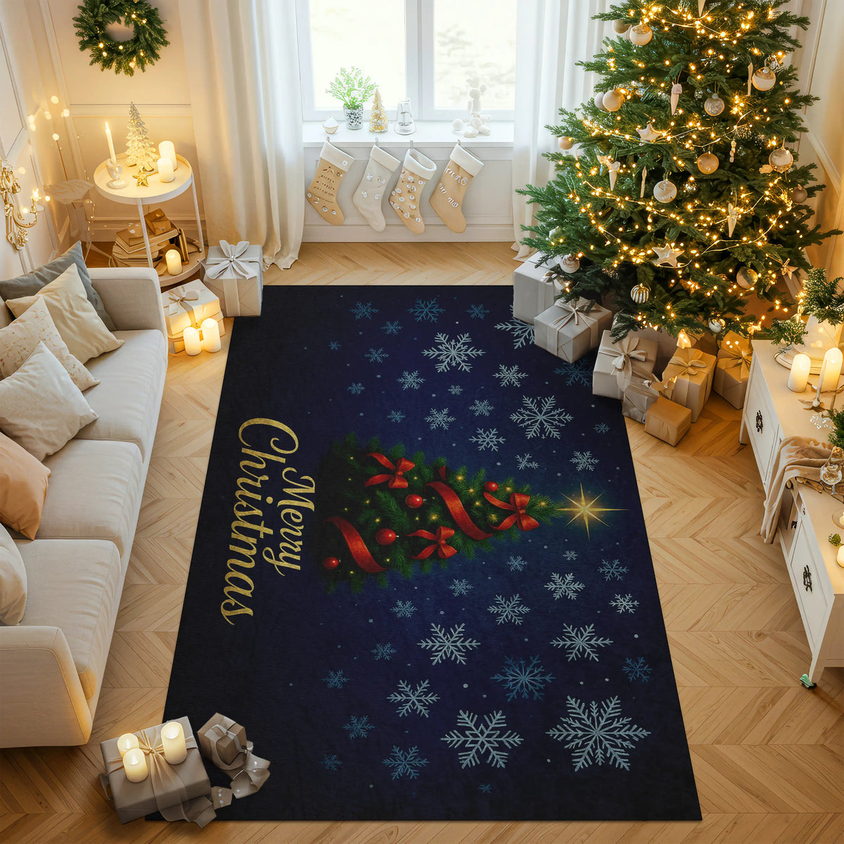 Living room with Christmas decorations, including a tree and presents, on a blue 'Merry Christmas' rug.