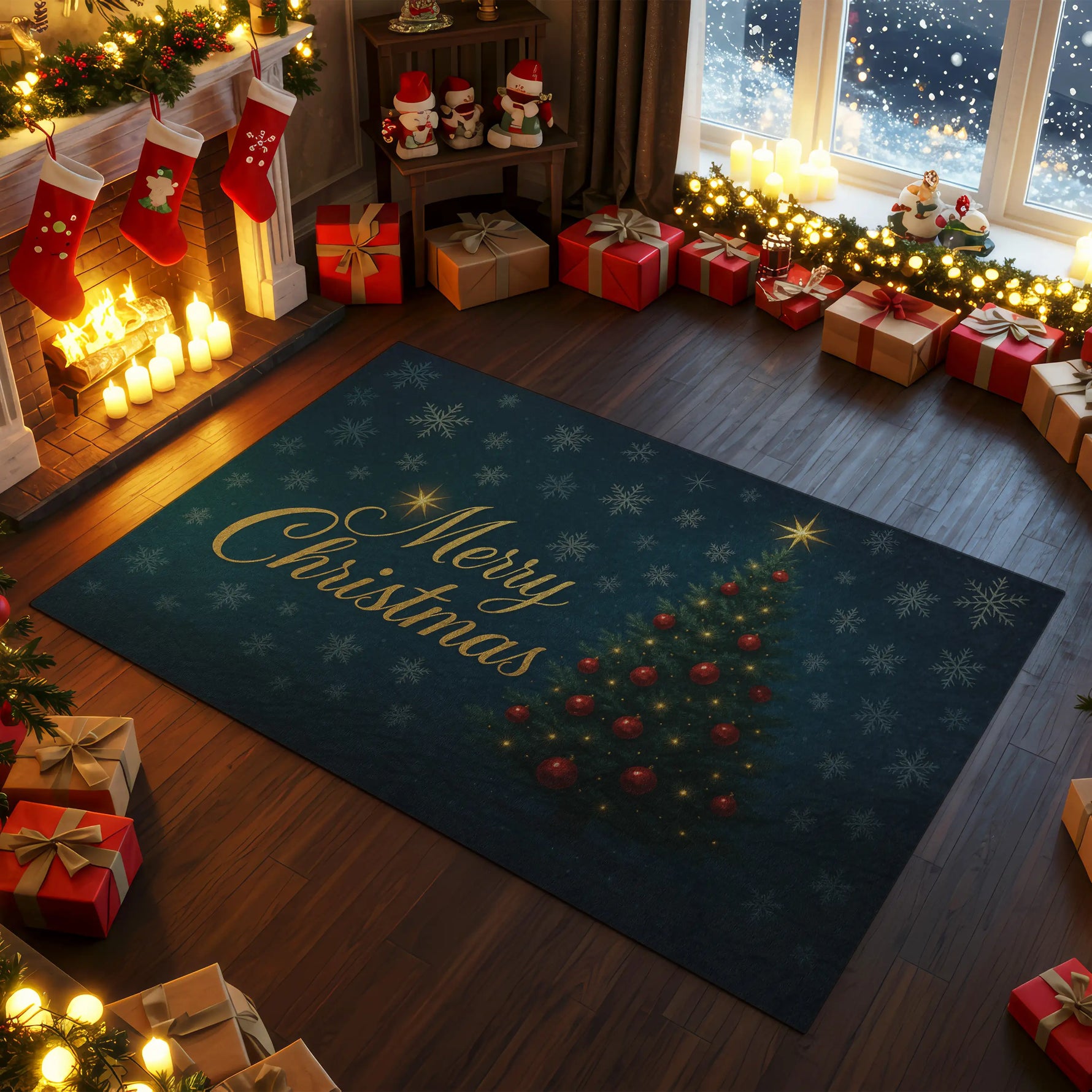 Blue Merry Christmas Tree Rug – Elegant Holiday Carpet