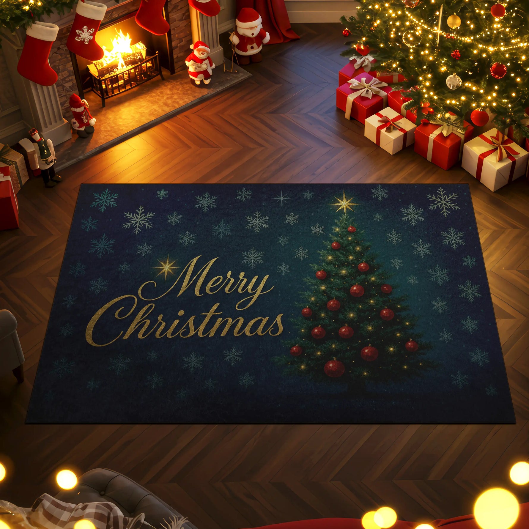 Decorative Christmas rug with 'Merry Christmas' text and tree design in a festive room.
