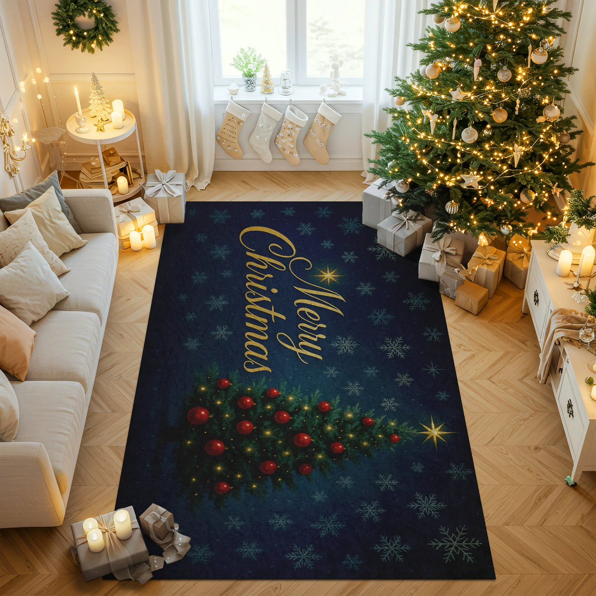 Decorative Christmas rug with festive design in a living room setting.