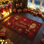 Decorative Christmas rug with Santa Claus design in a festive room with stockings, lights, and presents.