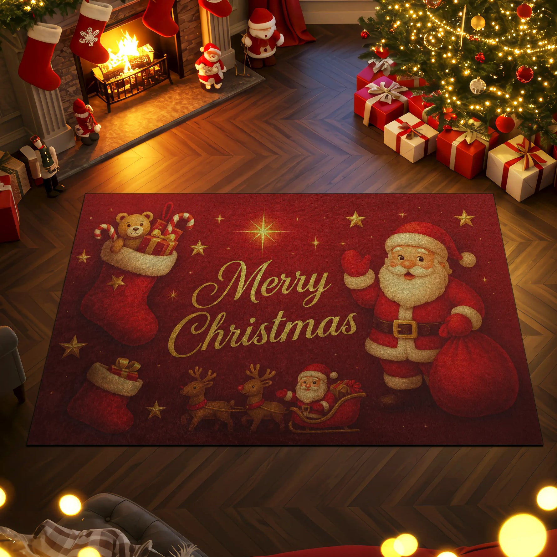 Decorative Christmas rug with Santa Claus design in a festive room.