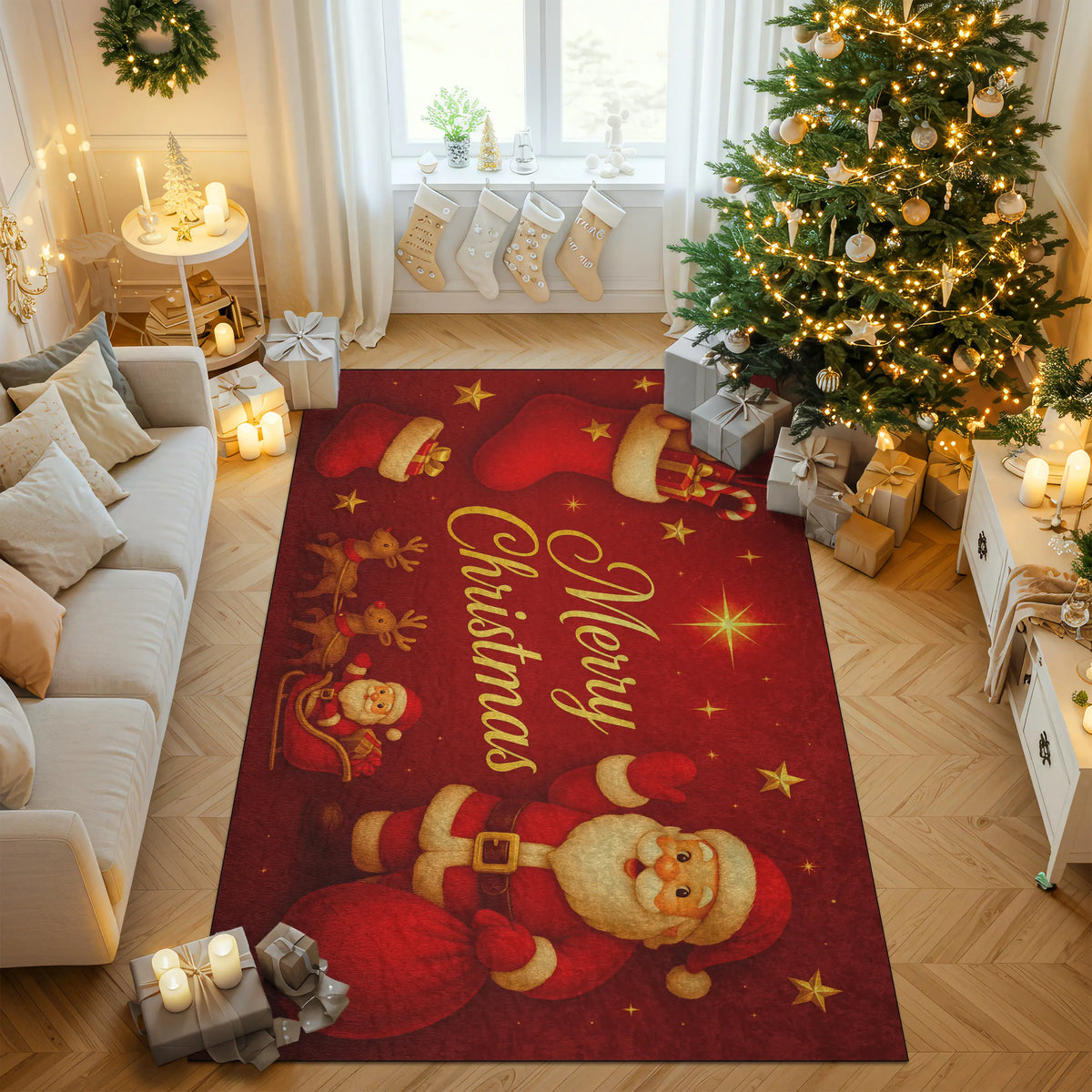 Living room with a Christmas-themed rug featuring Santa Claus and 'Merry Christmas' text, surrounded by decorated Christmas tree and presents.