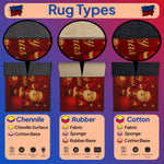 Illustration of rug types with Christmas-themed designs and labels for chenille, rubber, and cotton bases.