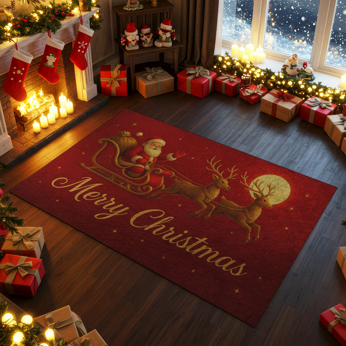Decorative Christmas rug with reindeer and Santa Claus design in a festive room.