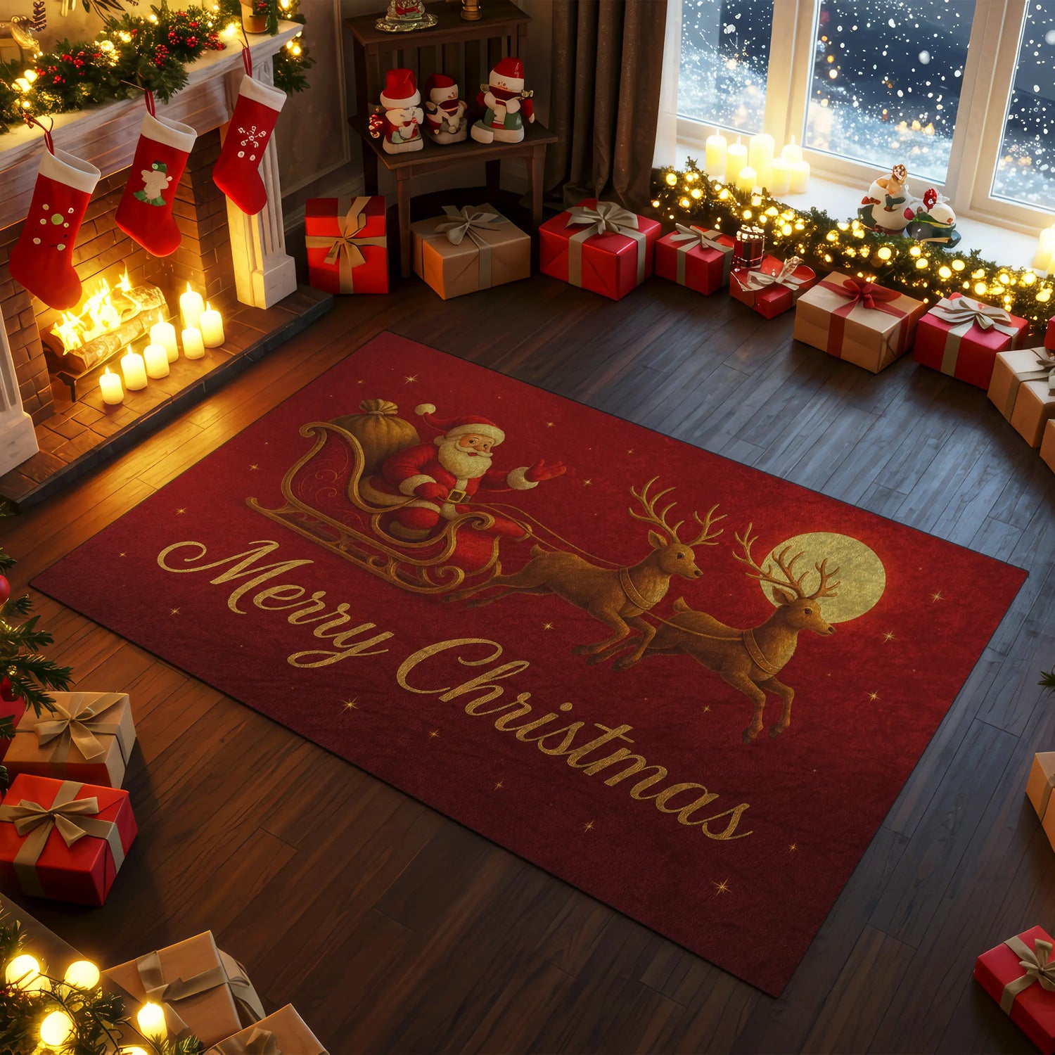 Decorative Christmas rug with reindeer and Santa Claus design in a festive room.